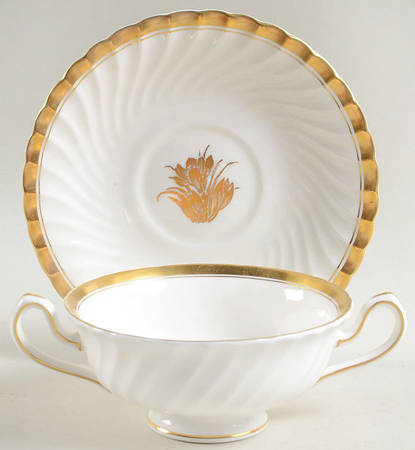 Gold Crocus Footed Cream Soup Bowl & Saucer Set