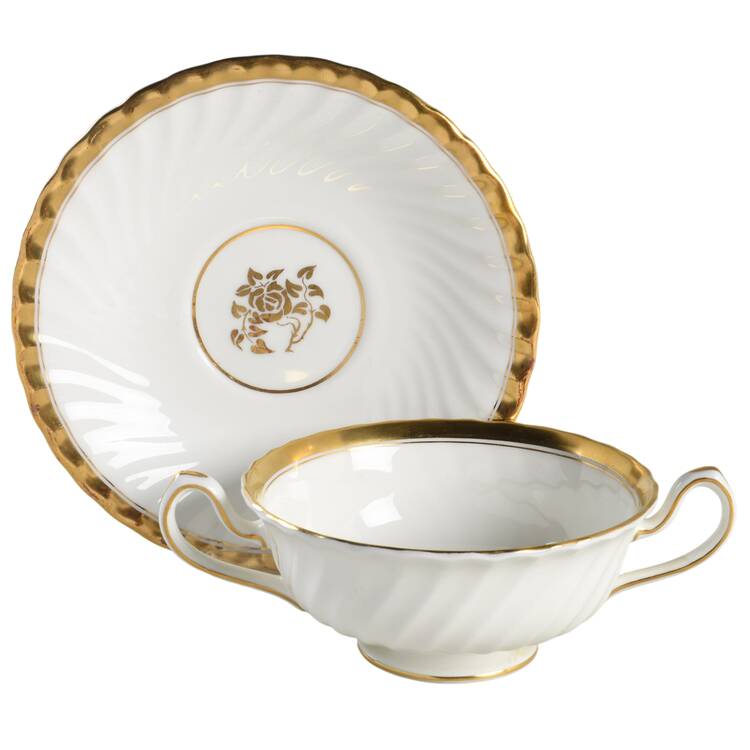 Gold Rose Footed Cream Soup Bowl & Saucer Set