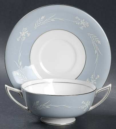 Grey Cameo Footed Cream Soup Bowl & Saucer Set