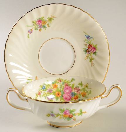 Lorraine (#S561, Cream Border) Footed Cream Soup Bowl & Saucer Set