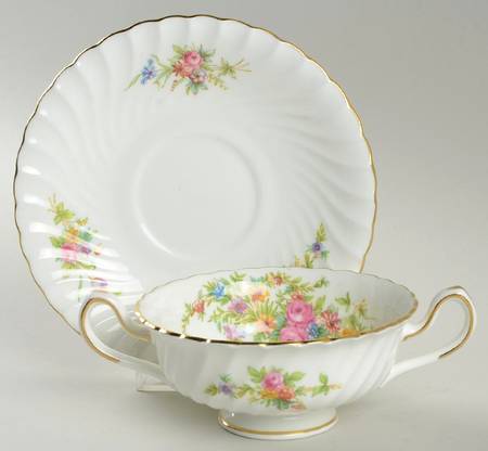 Lorraine (#S560, White Border) Footed Cream Soup Bowl & Saucer Set