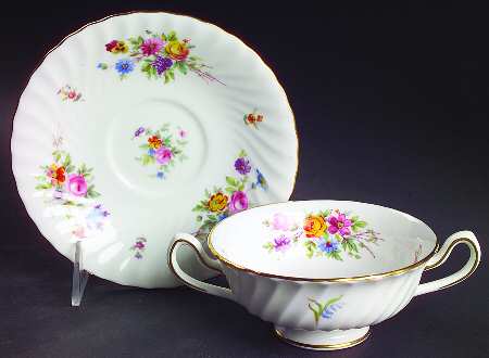 Marlow (Newer, Wreath Backstamp) Footed Cream Soup Bowl & Saucer Set