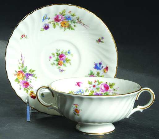 Marlow (Newer, Wreath Backstamp) Footed Cream Soup Bowl & Saucer Set