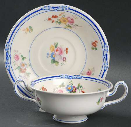 Queen Anne (Blue Trim) Footed Cream Soup Bowl & Saucer Set
