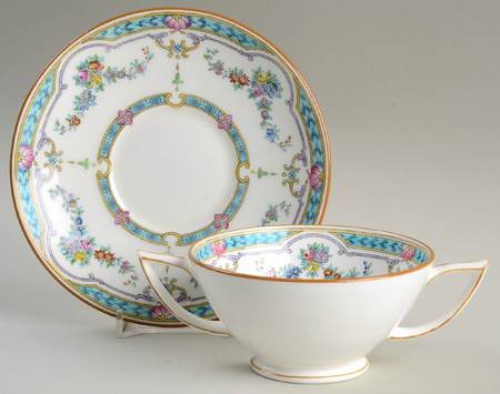 Ripon Turquoise and Pink Footed Bouillon Cup & Saucer