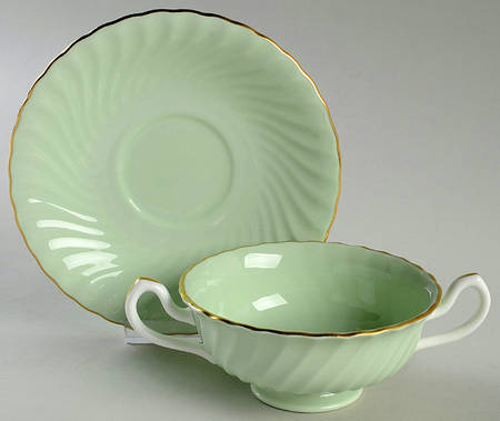 Shell Green and Gold Footed Cream Soup Bowl & Saucer Set