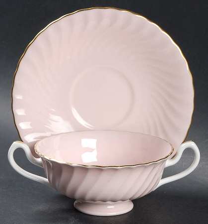 Shell Pink and Gold Footed Cream Soup Bowl & Saucer Set