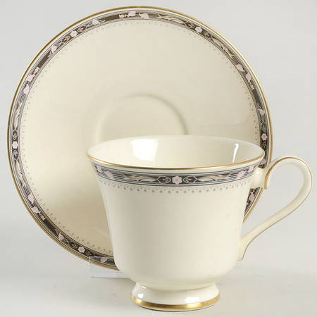 Warwick (Black Border, Pink Flowers) Footed Cup & Saucer Set