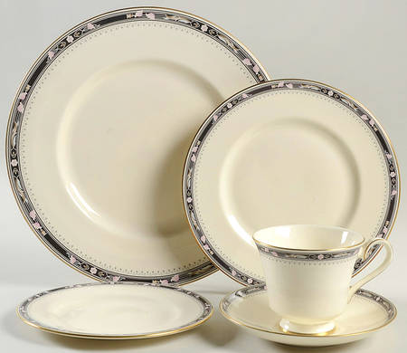 Warwick (Black Border, Pink Flowers) 5 Piece Place Setting