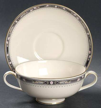 Warwick (Black Border, Pink Flowers) Footed Cream Soup Bowl & Saucer Set