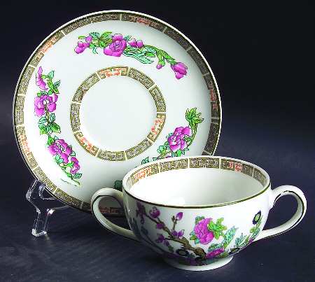 Indian Tree (Green Trim) Flat Bouillon Cup & Saucer by John Maddock & Sons