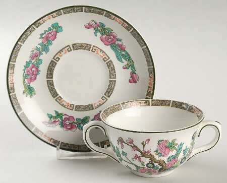 Indian Tree (Green Trim) Flat Bouillon Cup & Saucer by John Maddock & Sons