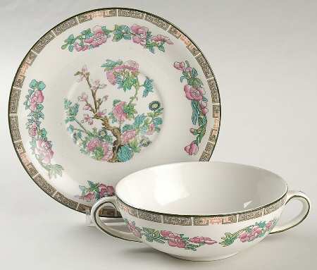 Indian Tree (Green Trim) Flat Cream Soup Bowl & Saucer Set by John Maddock & Sons
