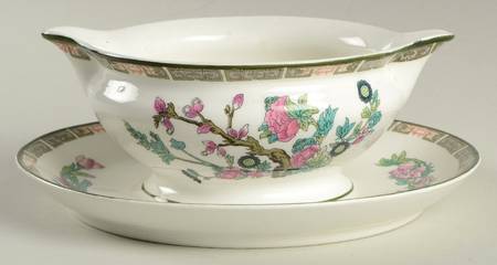 Indian Tree (Green Trim) Gravy Boat with Attached Underplate