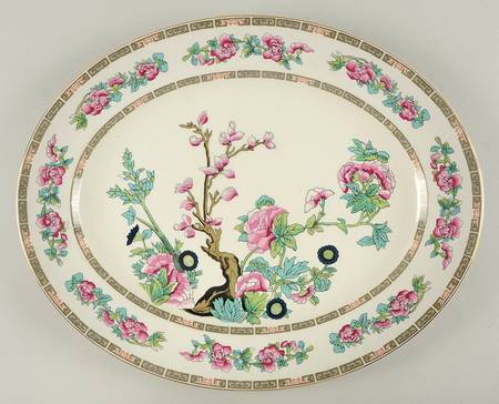 Indian Tree (Smooth, Gold Trim) 15" Oval Serving Platter by John Maddock & Sons