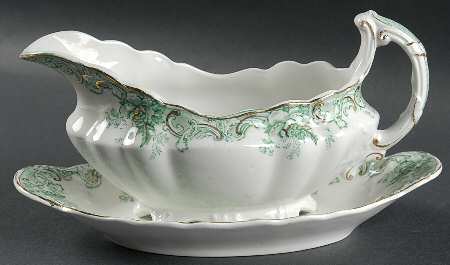 Majestic Green (Scalloped, Gold Accent) Gravy Boat & Underplate