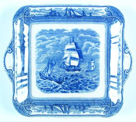 American Marine Blue (Scalloped) Square Handled Cake Plate