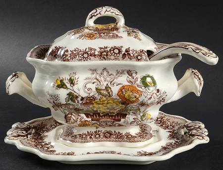 Ascot Brown Multicolor Sauce Boat & Lid & Underplate & Ladle