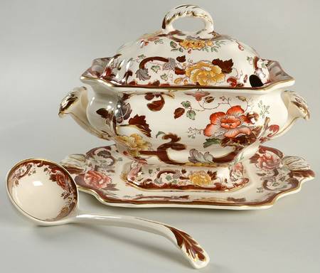 Brown Velvet Tureen & Lid w/Ladle & Underplate