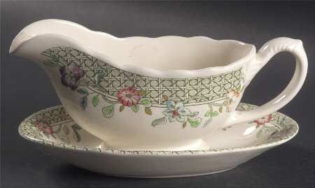 English Country Garden Green Mltclr Gravy Boat & Underplate