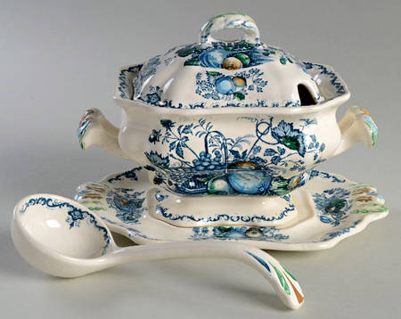 Fruit Basket Blue Multicolor Sauce Boat & Lid & Underplate & Ladle