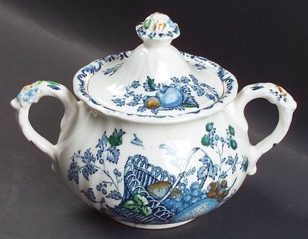 Fruit Basket Blue Multicolor Sugar Bowl & Lid