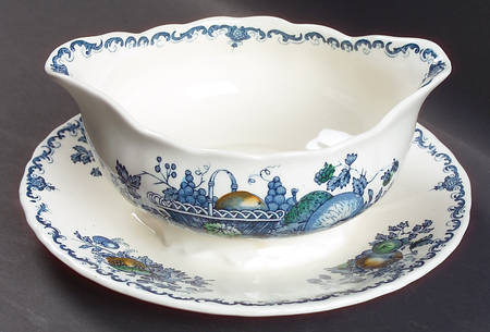 Fruit Basket Blue Multicolor Gravy Boat with Attached Underplate