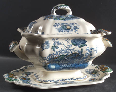 Fruit Basket Blue Multicolor Tureen & Lid w/Ladle & Underplate