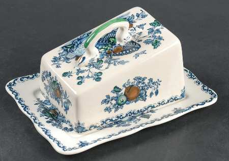 Fruit Basket Blue Multicolor Cheese Dish with Lid (Wedge)