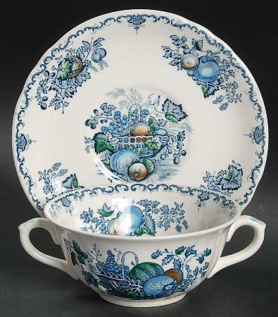 Fruit Basket Blue Multicolor Flat Cream Soup Bowl & Saucer Set