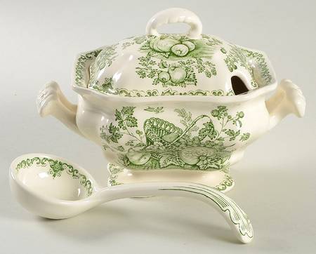 Fruit Basket Green Sauce Boat & Lid with Ladle