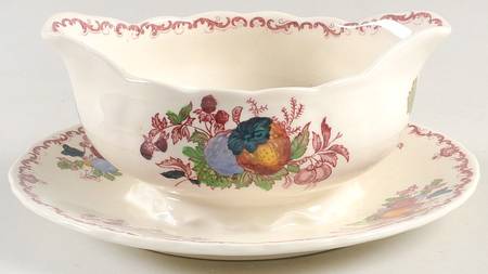 Fruit Basket Red Multicolor Gravy Boat with Attached Underplate