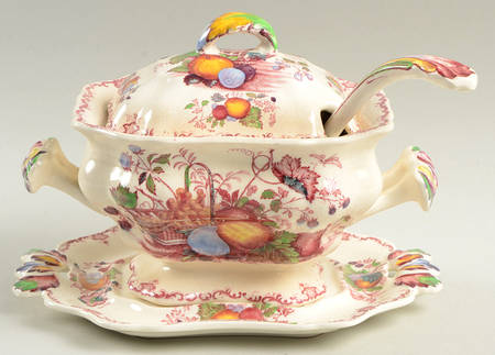 Fruit Basket Red Multicolor Sauce Boat & Lid & Underplate & Ladle