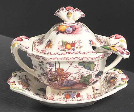 Fruit Basket Red Multicolor Sauce Boat & Lid & Underplate & Ladle