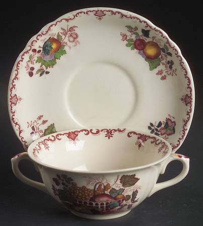 Fruit Basket Red Multicolor Flat Cream Soup Bowl & Saucer Set