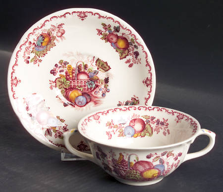 Fruit Basket Red Multicolor Flat Cream Soup Bowl & Saucer Set