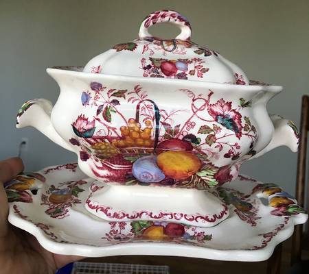 Fruit Basket Red Multicolor Sauce Boat & Lid & Underplate