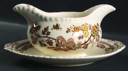 Manchu Brown Multicolor Gravy Boat with Attached Underplate