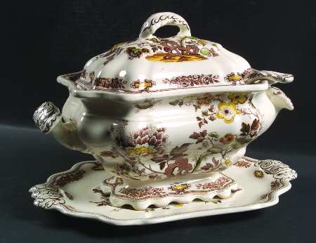 Manchu Brown Multicolor Tureen & Lid w/Ladle & Underplate