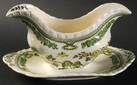 Manchu Green Multicolor Gravy Boat with Attached Underplate