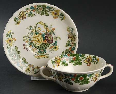 Strathmore Green Multicolor Flat Cream Soup Bowl & Saucer Set