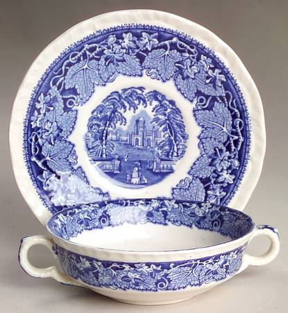 Vista Blue Flat Cream Soup Bowl & Saucer Set