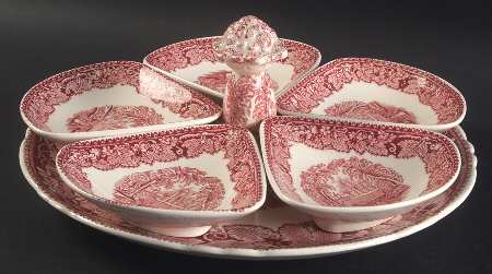 Vista Pink (No Trim) 6 Pc Relish Set (5 Tri Relish & Ctr Handle Tray)