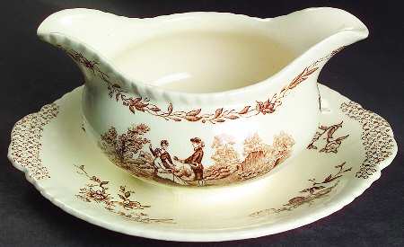 Watteau Brown Gravy Boat with Attached Underplate