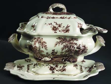 Watteau Brown Tureen & Lid w/Ladle & Underplate