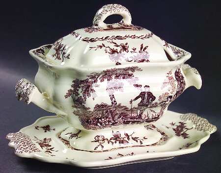 Watteau Brown Sauce Boat & Lid with Underplate