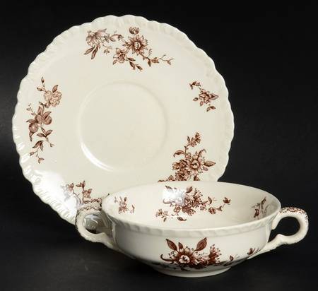Watteau Brown Flat Cream Soup Bowl & Saucer Set