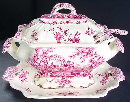 Watteau Pink Tureen & Lid w/Ladle & Underplate