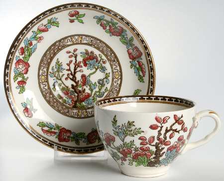 Indian Tree Blue Red (Smooth, Gold Trim) Flat Cup & Saucer Set