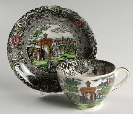 Landscape Black Multicolor Flat Cup & Saucer Set